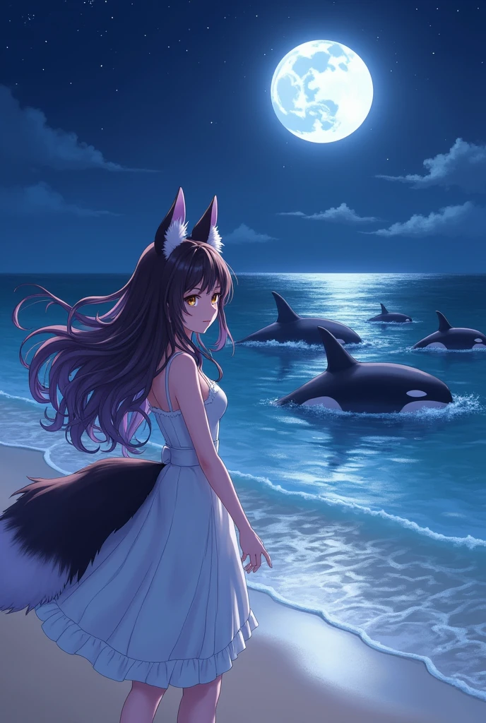 anime, high quality, 4K quality, Girl, furry, long, wavy brown hair (with long purple locks), fringe (mitad izquierdo white y mitad derecho negro), fox ears (negro), Fox tail (black and purple), heterochromatic eyes, Right eye (Brown), Left eye (negro), with a dress (white), on the beach (at night), walking along the ocean shore, with orca whales swimming in the ocean