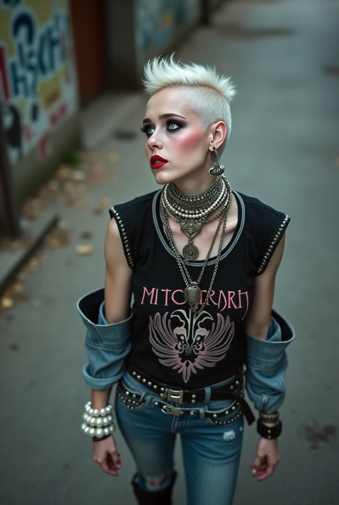 russian milf woman, biker gang member, platinum blonde hair (mohawk), with very light blue eyes, extremely pale, heavy eye shadows (panda eyes) Sad face, smeared make up, smeared red lipstick, runny mascara. Wearing black, t-shirt without sleeves with evil logo, skinny blue jeans and pointy Chelsea boots . Lots of metallic bracelets and lots of white pearl collars. Tattoed. Many tacky thin studded belts superimposed, excessive silver buckle. Wide loop earrings. Looks up, overwhelmed: she tinks God is speaking to her. Open mouth, bowed legs