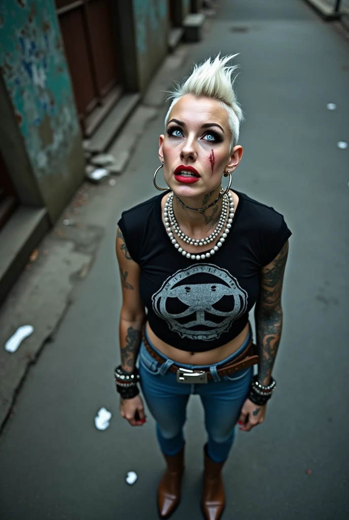 russian milf woman, biker gang member, platinum blonde hair (mohawk), with very light blue eyes, extremely pale, heavy eye shadows (panda eyes) Sad face, smeared make up, smeared red lipstick, runny mascara. Wearing black, t-shirt without sleeves with evil logo, skinny blue jeans and pointy Chelsea boots . Lots of metallic bracelets and lots of white pearl collars. Tattoed. Many tacky thin studded belts superimposed, excessive silver buckle. Wide loop earrings. Looks up, overwhelmed: she tinks God is speaking to her. Open mouth, bowed legs