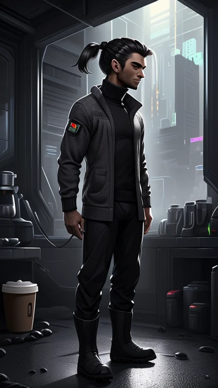 (detailed), (((normal guy))), (Arabic characteristics), ((gray wool jacket)), ((pelo negro rizado Ponytail hairstyle)), ((Ponytail hairstyle)), (calm face), ((by the width)), ((coffee boots)), (((whole body))), ((in a cyberpunk room)), ((male)), (gray turtleneck sweater), ((only one person)), (at night), terror