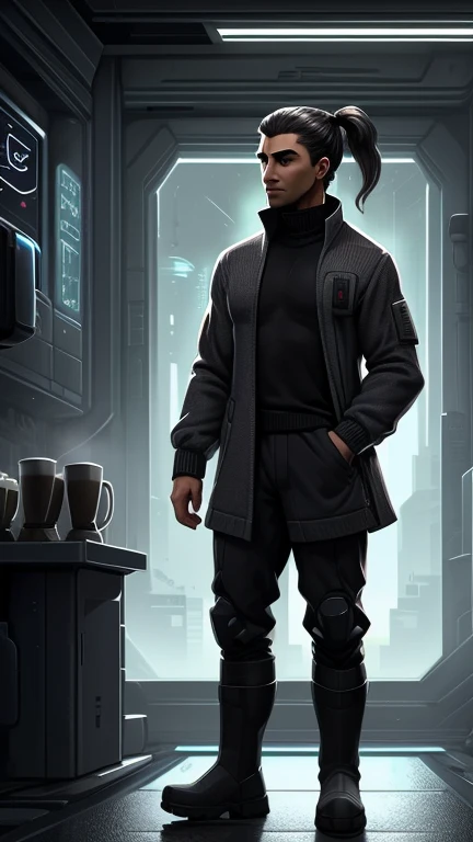 (detailed), (((normal guy))), (Arabic characteristics), ((gray wool jacket)), ((pelo negro rizado Ponytail hairstyle)), ((Ponytail hairstyle)), (calm face), ((by the width)), ((coffee boots)), (((whole body))), ((in a cyberpunk room)), ((male)), (gray turtleneck sweater), ((only one person)), (at night), terror