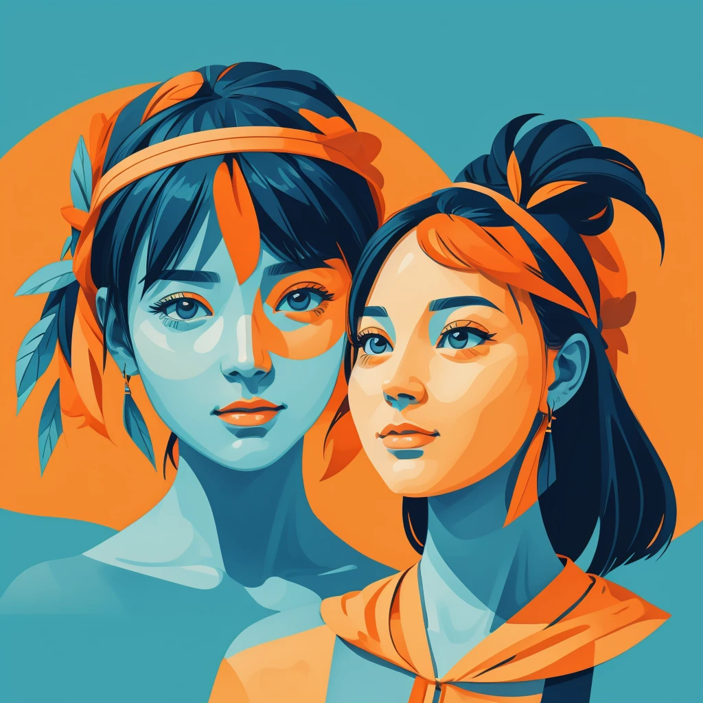 Abstract summer, minimal, vector, a combination of natural and geometric, two-dimensional, more than using the color code 0099bf blue tone and palette, dark blue pastel color, using very little warm colors with yellow and orange tones, the face of a girl above 20 years randomly in different directions and looking, a combination of analytical and abstract cubism style, different face style of different cultures