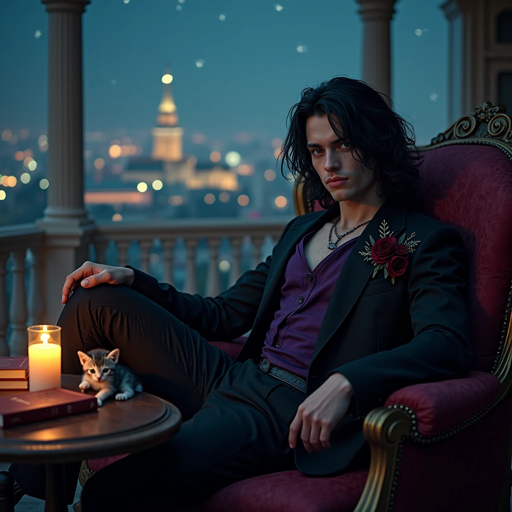 Male, sexy, long black hair, teal blue eyes, young, gothic, delicate features, no facial hair, no body hair, seductive, white and pale. sitting in a chair on a candle-lit veranda overlooking a Russian city at night. Roses. Sexy pose. Purple and black. Sexy. Sexy pose. Seductive. Sensual. Long eyelashes. Big bulge in his pants. No facial hair. Pretty face. Thick legs. Sexy pose. Fyodor Dostoevsky books on the table. Man. Male. Cute kitten on his lap. Smirking. No body or facial hair. Young male. Long mullet.