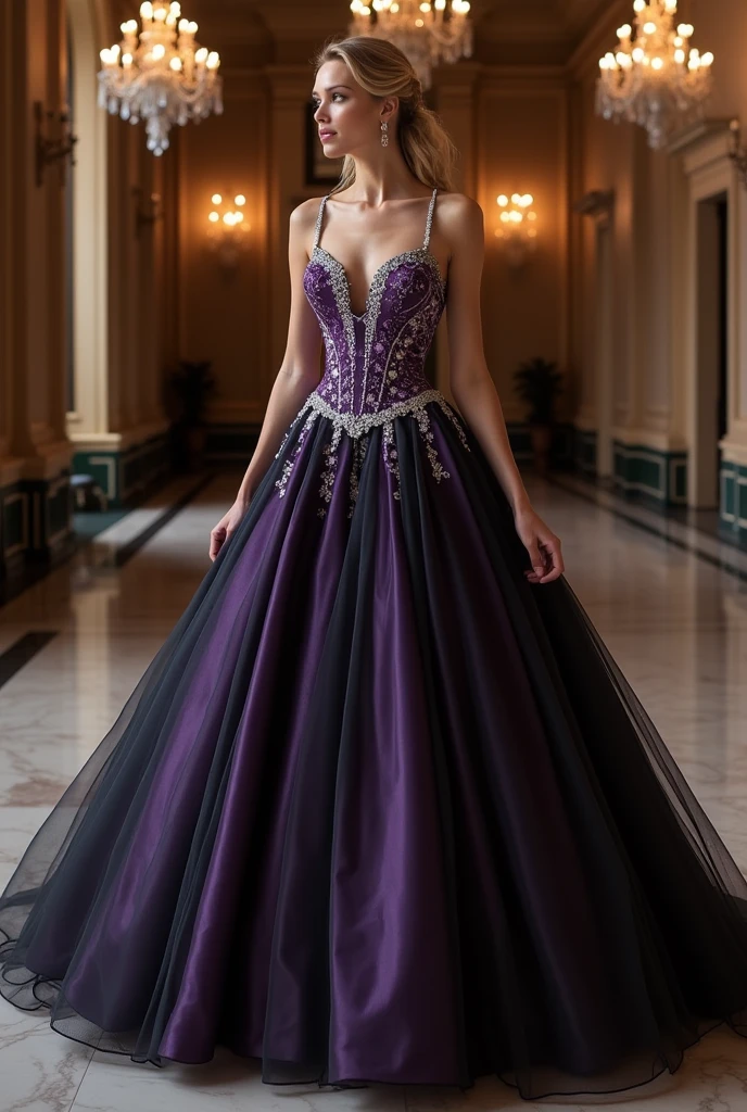 make a debutante dress with a neckline in the middle, the purple corset and the very full black skirt
