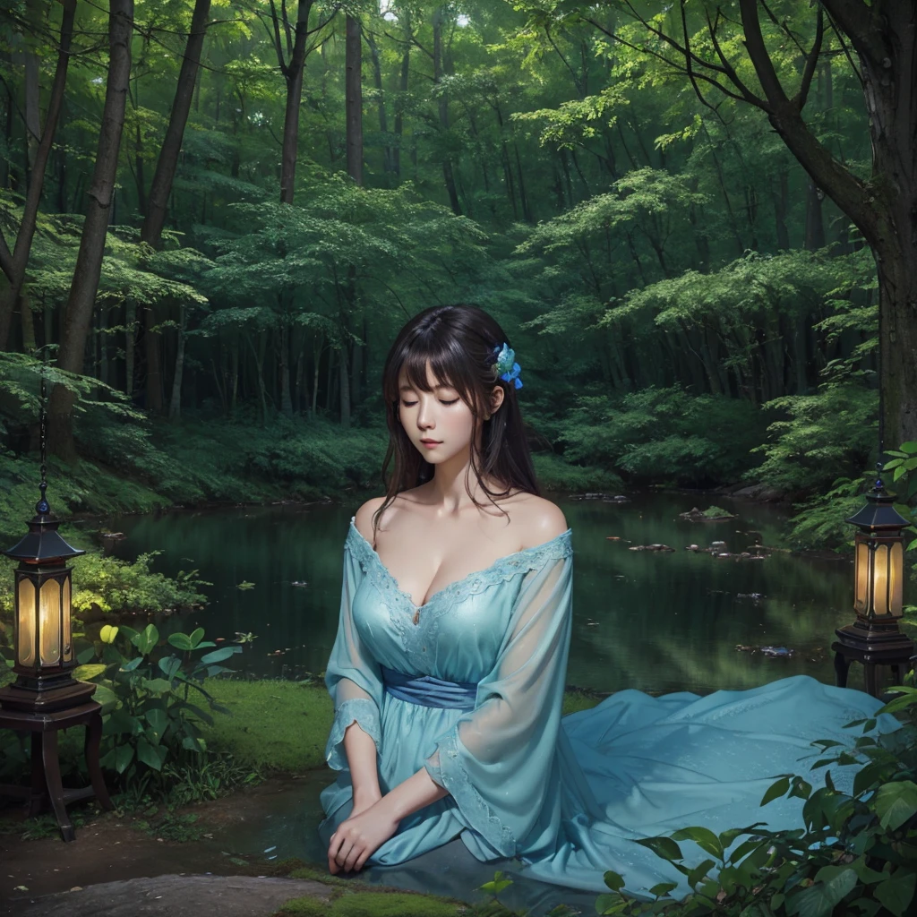 (high quality、8k、Ultra HD)、Song Title「Good Night」Healing image、No text required、Beautiful mysterious woman sleeping in the night forest、Digital Painting、Concept Art、Stereo lighting、2D Rendering、ArtJam、ArtStat Trends、Photo-realistic depiction