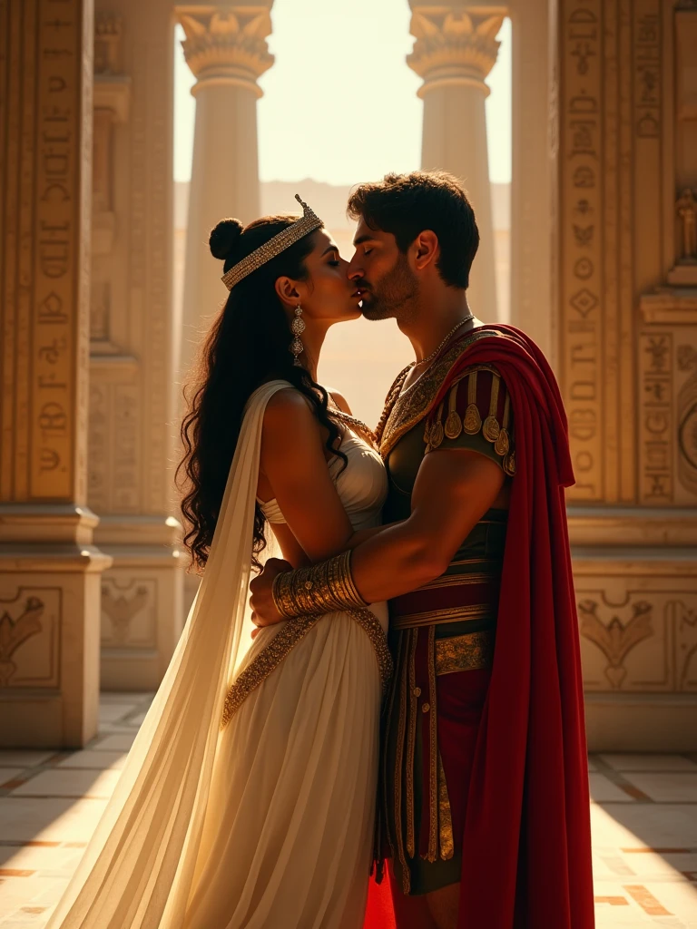 A realistic and intimate portrayal of Cleopatra and Julius Caesar sharing a tender kiss in a lavish Egyptian palace. Cleopatra, dressed in an elegant white gown with gold accents, wears a royal headdress adorned with jewels, her dark hair flowing down her shoulders. Julius Caesar, in his Roman military attire with a red cloak draped over his shoulder, holds Cleopatra gently. The background features tall marble columns, intricate hieroglyphics on the walls, and a warm golden light filtering through ornate drapery. The moment is captured with a mix of passion and historical grandeur, reflecting the powerful bond between these two iconic figures."
