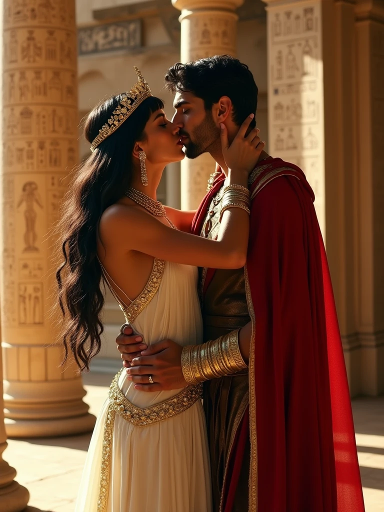 A realistic and intimate portrayal of Cleopatra and Julius Caesar sharing a tender kiss in a lavish Egyptian palace. Cleopatra, dressed in an elegant white gown with gold accents, wears a royal headdress adorned with jewels, her dark hair flowing down her shoulders. Julius Caesar, in his Roman military attire with a red cloak draped over his shoulder, holds Cleopatra gently. The background features tall marble columns, intricate hieroglyphics on the walls, and a warm golden light filtering through ornate drapery. The moment is captured with a mix of passion and historical grandeur, reflecting the powerful bond between these two iconic figures."
