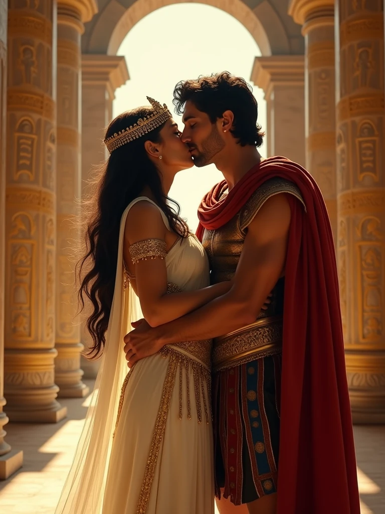 A realistic and intimate portrayal of Cleopatra and Julius Caesar sharing a tender kiss in a lavish Egyptian palace. Cleopatra, dressed in an elegant white gown with gold accents, wears a royal headdress adorned with jewels, her dark hair flowing down her shoulders. Julius Caesar, in his Roman military attire with a red cloak draped over his shoulder, holds Cleopatra gently. The background features tall marble columns, intricate hieroglyphics on the walls, and a warm golden light filtering through ornate drapery. The moment is captured with a mix of passion and historical grandeur, reflecting the powerful bond between these two iconic figures."