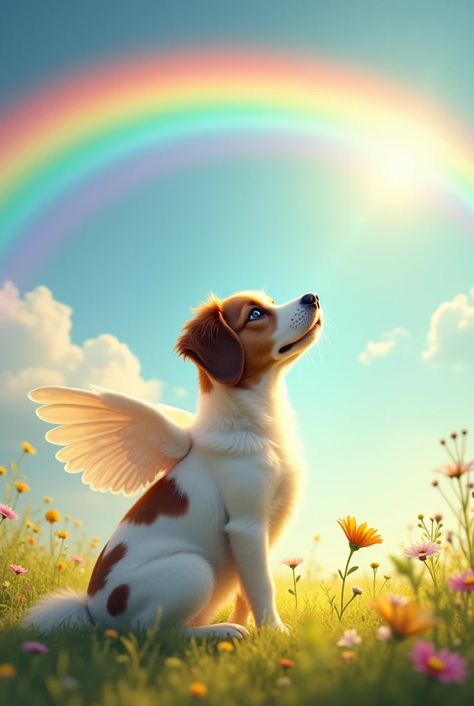 White dog with chocolate spots with angle wings sitting and looking at rainbow
