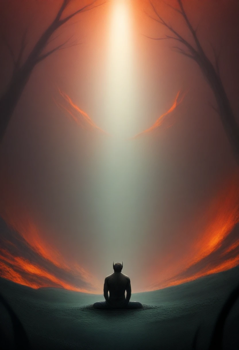 Male ein surreales Bild von Hugh Jackman als Wolverine. With Mask. Waiting position with a view into the distance, in a mystical forest with a beautiful sky. Far above, a burning red phoenix hovers in the sky between the clouds.