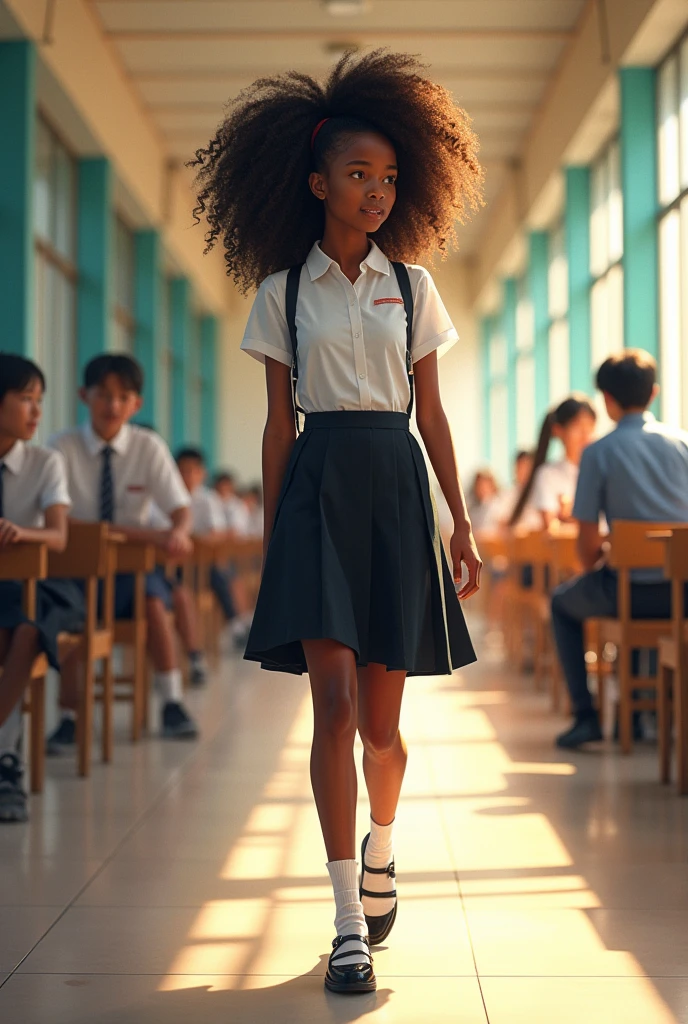  African girl  who is a  bit taller with a long  full hair curly ponytail on a white top and black skirt Japanese uniform waking out on if the school in the school corridor Realistic paint 