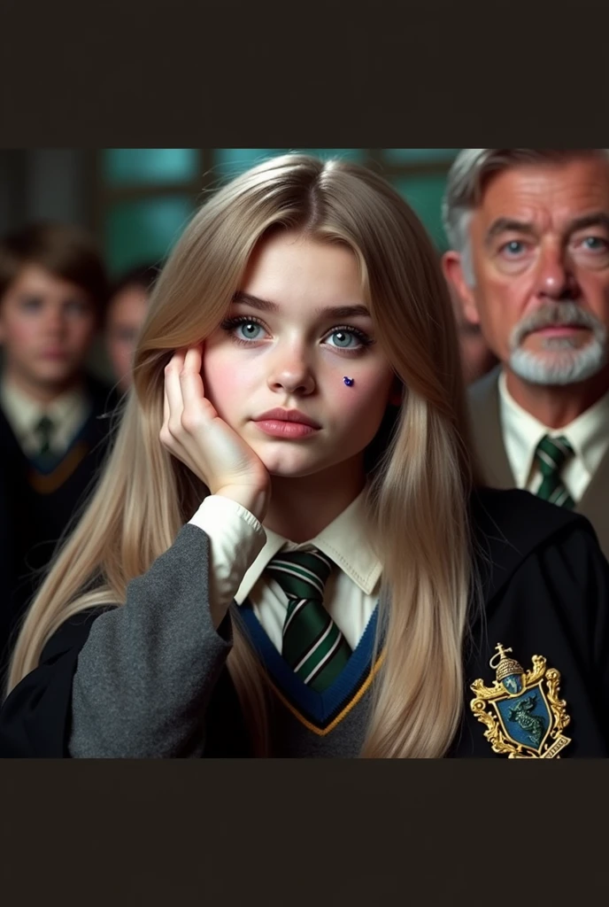 Girl with harry potter theme of 1.64 m ash brown hair with blonde and black streaks, blue eyes with a touch of gray, White skin, with a heart-shaped mole on the cheek, 