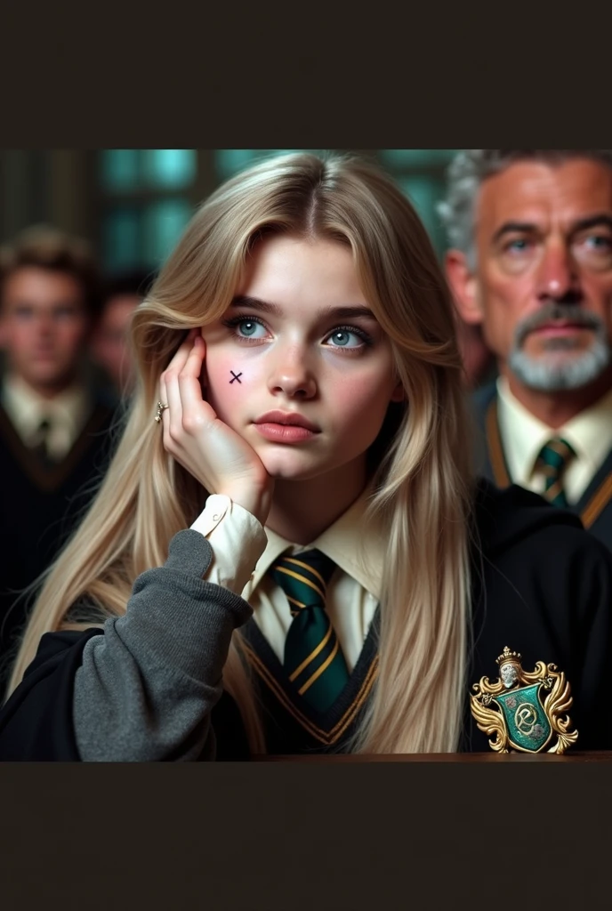 Girl with harry potter theme of 1.64 m ash brown hair with blonde and black streaks, blue eyes with a touch of gray, White skin, with a heart-shaped mole on the cheek, 