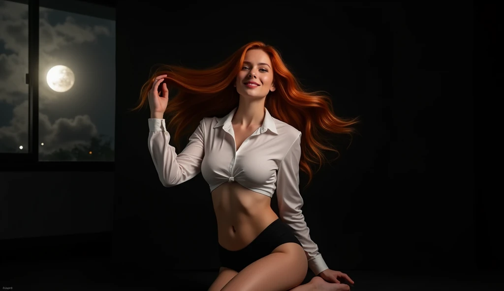 (full body shot shot:1) photorealistic image of a (sitting pose:1) Ultrarealistic, fot, long redhead hair, Woman, 24 years old, hourglass figure, perfectbody, seducing gaze, natural medium breasts, blur the background, She is standing in a studio with a black background., she is wearing a tight white blouse and tight black shorts, It's a dark night outside the window, the moon is visible through the window, naughty smile, She's playing with her hair INFO