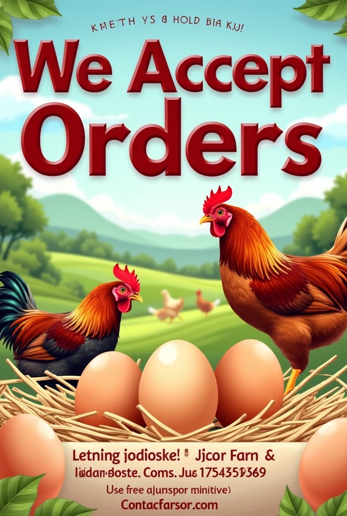 Create a flyer related to the sale of eggs that has as its title "We Accept Orders" and that he says that the supplier is called "Jedisan Farm"