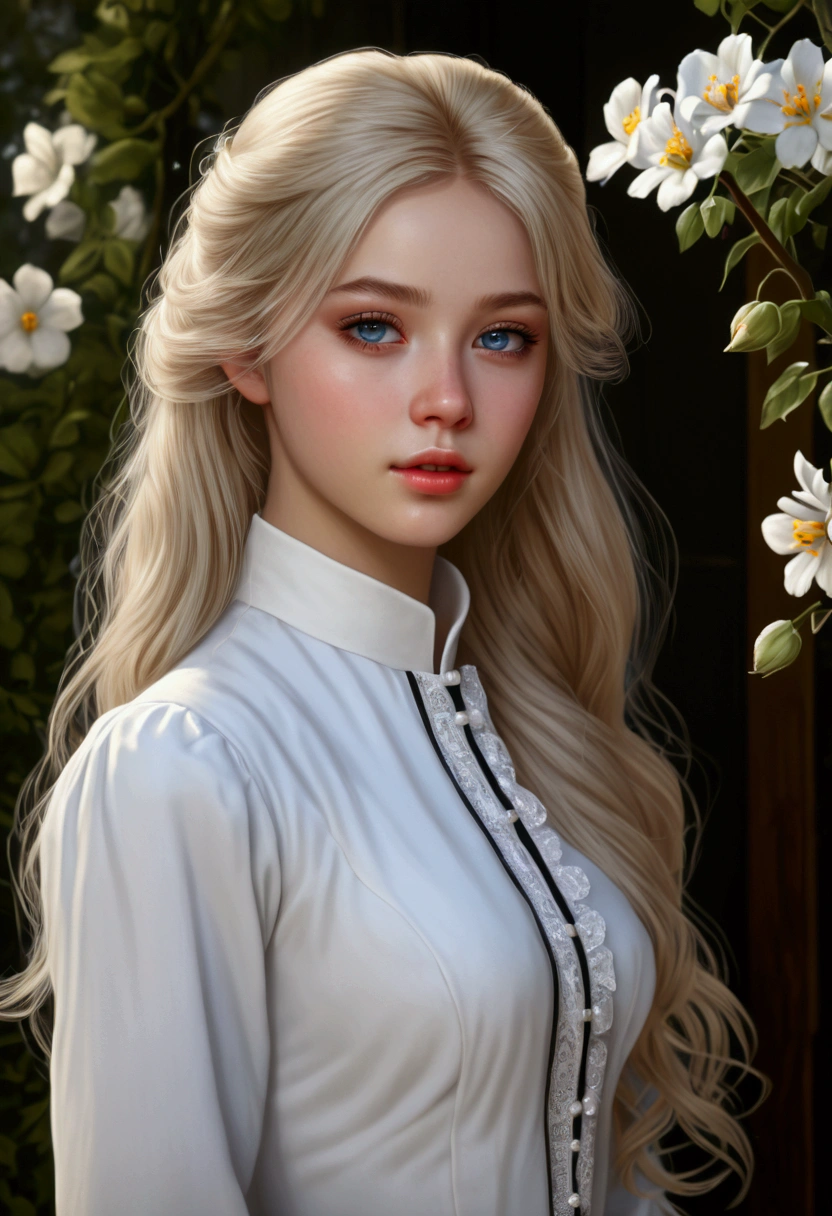 Oil painting style portrait, ((Flower style)), (advntr), (1 woman), (((alone))), (realistic:1.5), light particles, beam, Victorian, (The best realism), photorealistic, 8k, detailed face, detailed eyes, ((Noble_Mixed white and black attire)), very long hair, blonde hair, (round eyes, blue eyes,detailed eyes:1.1), (Ulzzang-6500), model pose, (standing), (Open outdoor, outdoors), Noon time, inside, Brake G36