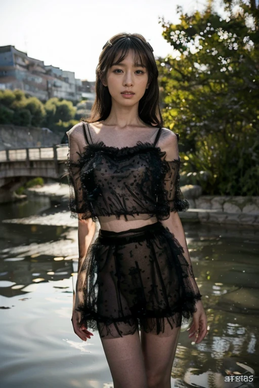 (RAW photos, best quality), (Practical, Photo Practical: 1.3), best quality, Very detailed, masterpiece, Ultra Detail, 1 Korean female model, Very detailed的脸部,Exquisite eyes, Full body portrait, Perfect body,(((Art style))),Sequin costumes,t-shirt,(((Short sheer tulle skirt:1.3))),Long legs,Long-range shooting, World masterpiece Theater, Stylish_long_hair, best quality, Movie Lighting,Night view,Stand on the bridge,With your back to the audience