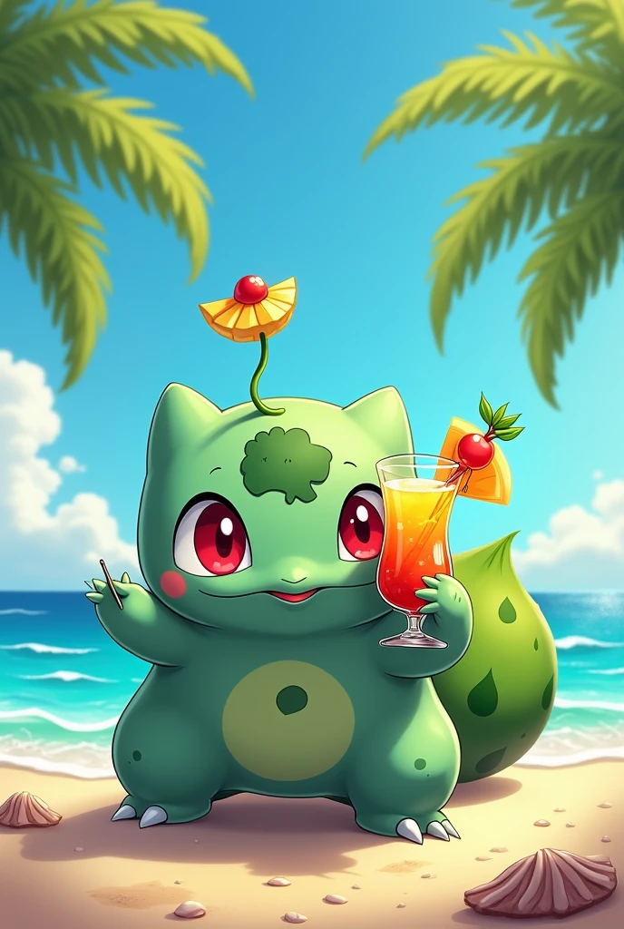 Bulbasaur injecting himself with a needle, he is getting a vaccine. He is also drinking a cocktail at the same time 