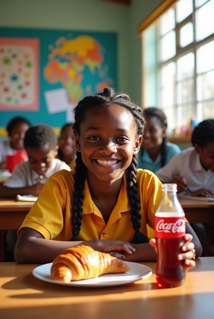 africaine a une table avec un croisant et coca cola dans une salle de classe
