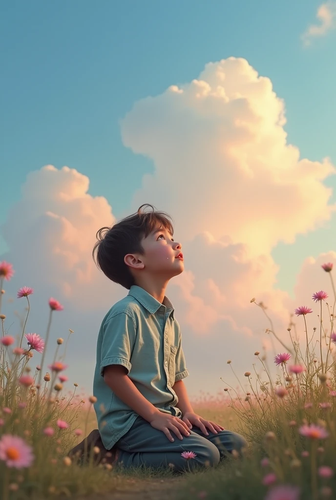 Show a boy cying and looking to sky in deep love but broken