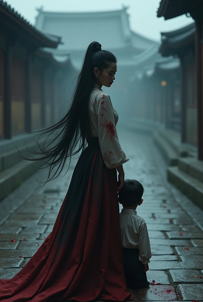 Chinese, very cute beautiful woman,  a boy blindfold vomiting bloody sadism