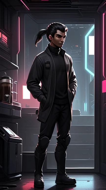 (detailed), (((normal guy))), (Arabic characteristics), ((gray wool jacket)), ((pelo negro rizado Ponytail hairstyle)), ((Ponytail hairstyle)), (calm face), ((by the width)), ((coffee boots)), (((whole body))), ((in a cyberpunk room)), ((male)), (gray turtleneck sweater), ((only one person)), (at night), terror, eyes glowing red