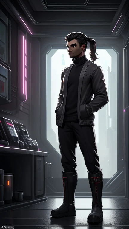 (detailed), (((normal guy))), (Arabic characteristics), ((gray wool jacket)), ((pelo negro rizado Ponytail hairstyle)), ((Ponytail hairstyle)), (calm face), ((by the width)), ((coffee boots)), (((whole body))), ((in a cyberpunk room)), ((male)), (gray turtleneck sweater), ((only one person)), (at night), terror, eyes glowing red