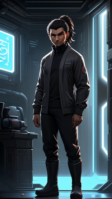 (detailed), (((normal guy))), (Arabic characteristics), ((gray wool jacket)), ((pelo rizado Ponytail hairstyle)), ((Ponytail hairstyle)), (calm face), ((by the width)), ((coffee boots)), (((whole body))), ((in a cyberpunk room)), ((male)), (gray turtleneck sweater), ((only one person)), (at night), terror, eyes glowing red