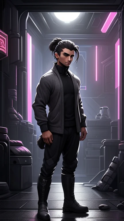 (detailed), (((normal guy))), (Arabic characteristics), ((gray wool jacket)), ((pelo negro rizado Ponytail hairstyle)), ((Ponytail hairstyle)), (calm face), ((by the width)), ((coffee boots)), (((whole body))), ((in a cyberpunk room)), ((male)), (gray turtleneck sweater), ((only one person)), (at night), terror, eyes glowing red