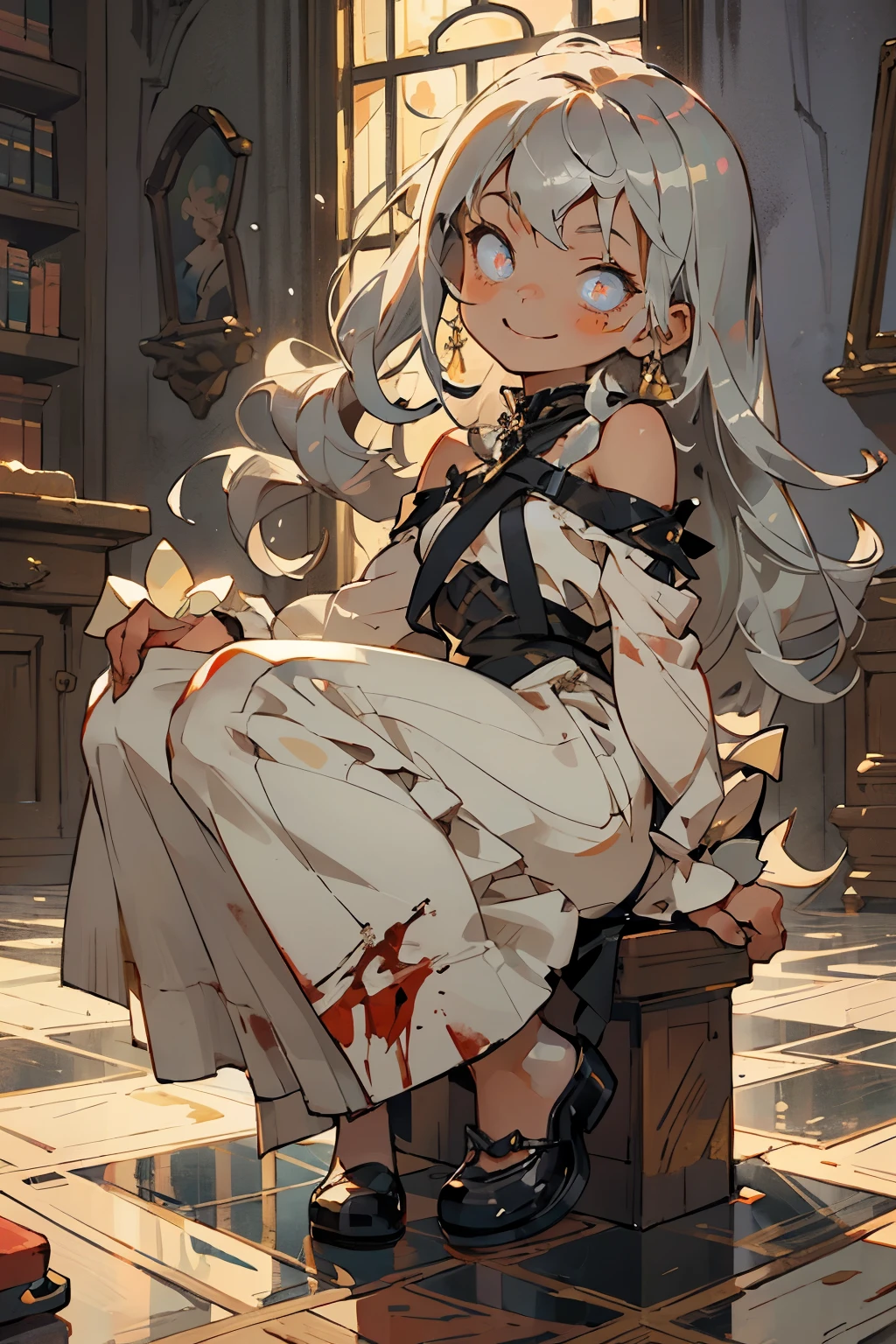 masterpiece, best quality, cute, kawaii, 1 girl,???,solo,silver brite hair,golden shining eyes,smile face,colorless,gothic dress,bloody floor,dark room,in the castle,