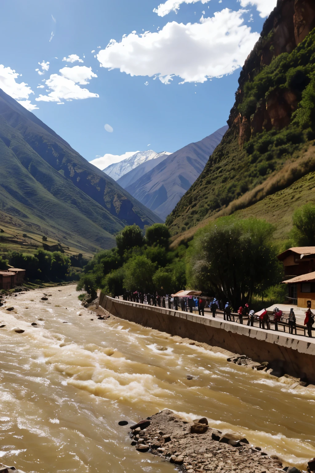 There are houses burning and in front there is a large mountain and in the middle a river, and put some Spaniards fighting with pistols while the Andean people fight with spears and the river has a broken bridge and more people fighting in the river.