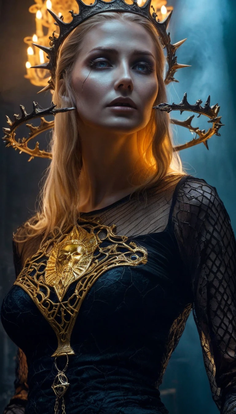 Zombie style, femme avec une couronne de sauron sur la tete, femme avec un bouquin dans les mains.
Femme au yeux blanc sans pupille, masterpiece, dark fantaisi, gothique ambiance, armure sexy, chevelure blonde