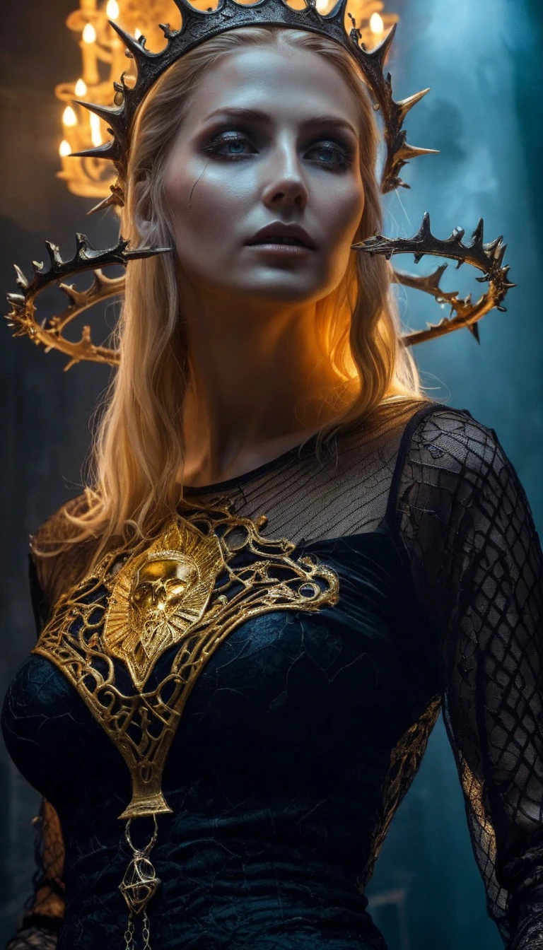 Zombie style, femme avec une couronne de sauron sur la tete, femme avec un bouquin dans les mains.
Femme au yeux blanc sans pupille, masterpiece, dark fantaisi, gothique ambiance, armure sexy, chevelure blonde