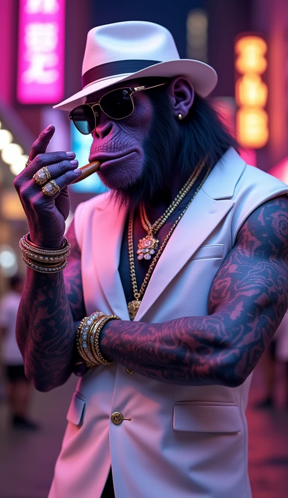 Purple Ape, wearing a white gangster suit with chains, a hat and glasses, tattooed, with huge diamond and gold rings, smoking with a pipe, pointing with his fingers to the right