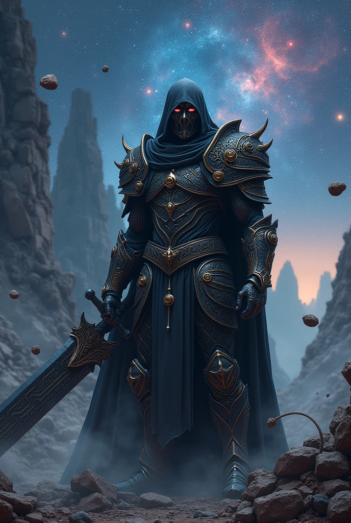 Cosmic Dark Warrior with a weapon in hand resting after war