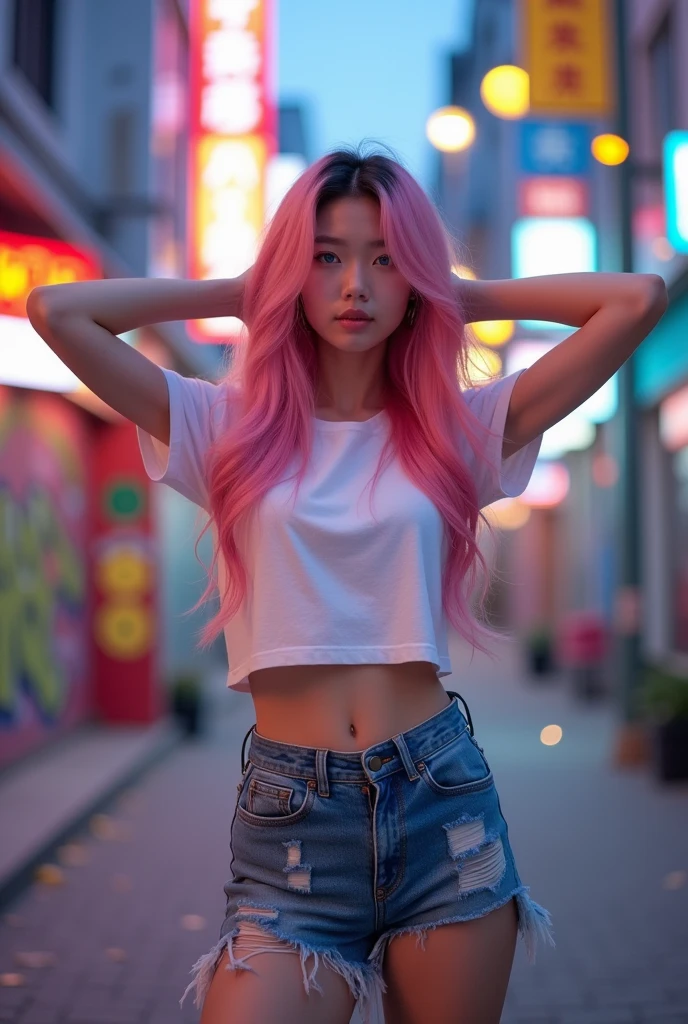 Cute asian, arms up, showing armpit, showing legs, 18 year old, kpop hires, pink hairblue eyes, full body