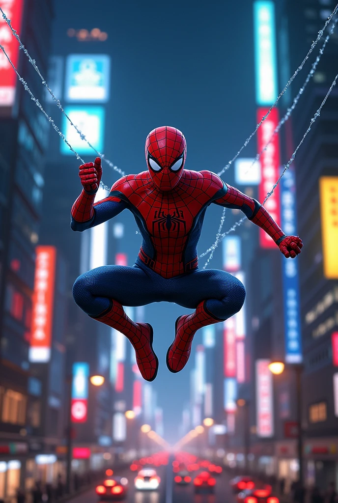 spider man flying between tokyo buildings by night with his webs. Ultrarealistic. Cinematic scene. Ultradetails 