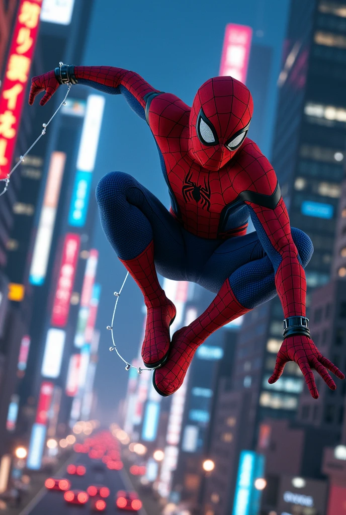 spider man flying between tokyo buildings by night with his webs. Ultrarealistic. Cinematic scene. Ultradetails 