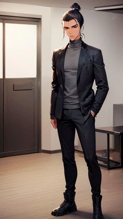(detailed), (((normal guy))), (Arabic characteristics), ((gray wool jacket)), ((pelo negro rizado Ponytail hairstyle)), ((Ponytail hairstyle)), (calm face), ((by the width)), ((coffee boots)), (((whole body))), ((in a cyberpunk room)), ((male)), (gray turtleneck sweater), ((only one person)), (at night), terror