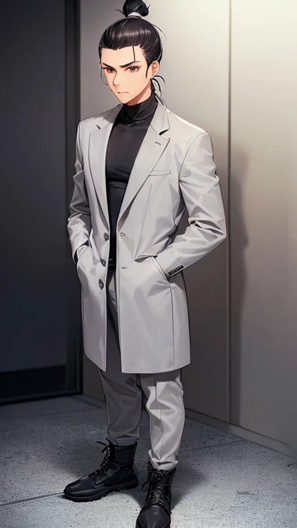 (detailed), (((normal guy))), (Arabic characteristics), ((gray wool jacket)), ((pelo negro rizado Ponytail hairstyle)), ((Ponytail hairstyle)), (calm face), ((by the width)), ((coffee boots)), (((whole body))), ((in a cyberpunk room)), ((male)), (gray turtleneck sweater), ((only one person)), (at night), terror