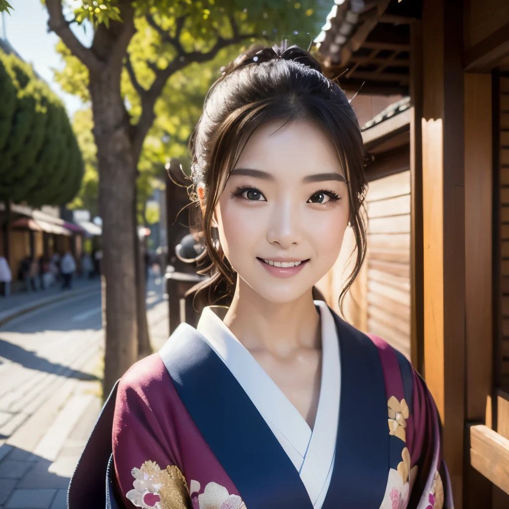((Highest quality, 8k, masterpiece: 1.3)), Japanese women,whole body, Narrow your focus: 1.2, Outstanding beauty: 1.4, Slim Abs: 1.2,kimono: 1.1, (Japanese atmosphere, street: 1.1), Highly detailed face and skin texture, fine grain, double eyelid,Long black hair