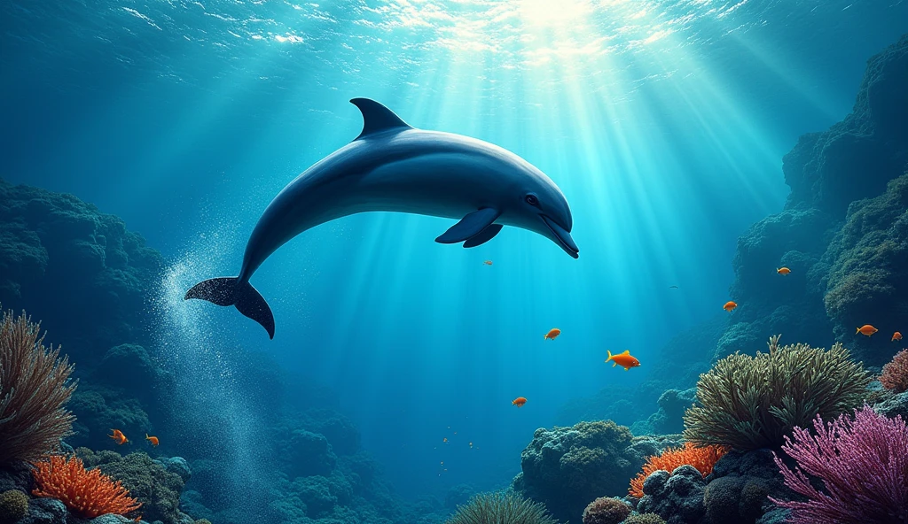 In the ocean, way down deep,
Swims a dolphin, taking a leap,