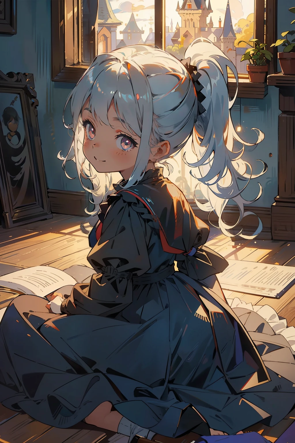 masterpiece, best quality, cute, kawaii, 1 girl,kid,solo,silver brite hair,pony tail hair,golden shining eyes,smile face,colorless,gothic dress,bloody dark room,in the castle,you can see the castle from the window too,night,red moonlight,