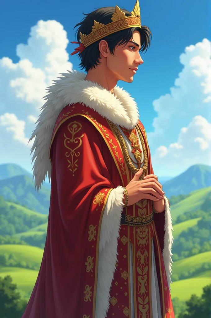 King, Black-ish brown-ish hair, quite tall, Loving and caring, a tiny bit Anime, is Native American with a lighter skin tone, Male, Short hair, crown on head with a wedding ring on one hand…, kind and loving…., mostly appears a bit white….