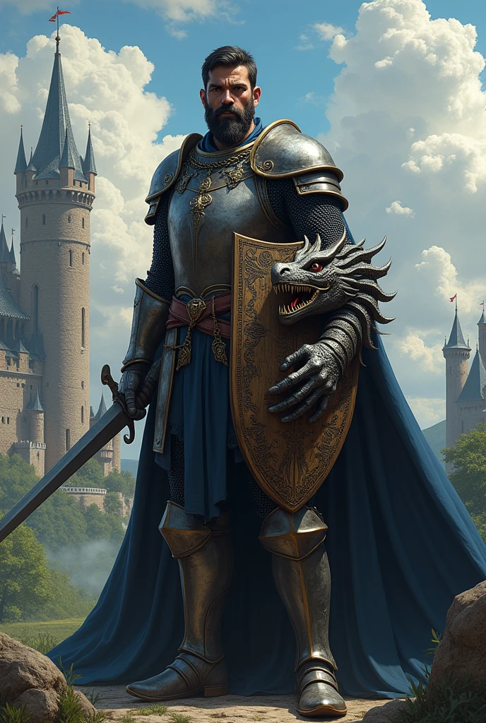 (Photorealism:1.2), In a fantasy medieval world, a knight. 27 ans, 1m80, Short black hair and beard. He has a dark blue short-sleeved shirt.
Sa main droite est celle d'un dragon. He has no gauntlets. Il a une épée en fer et un bouclier en bois. He wears a chain mail.