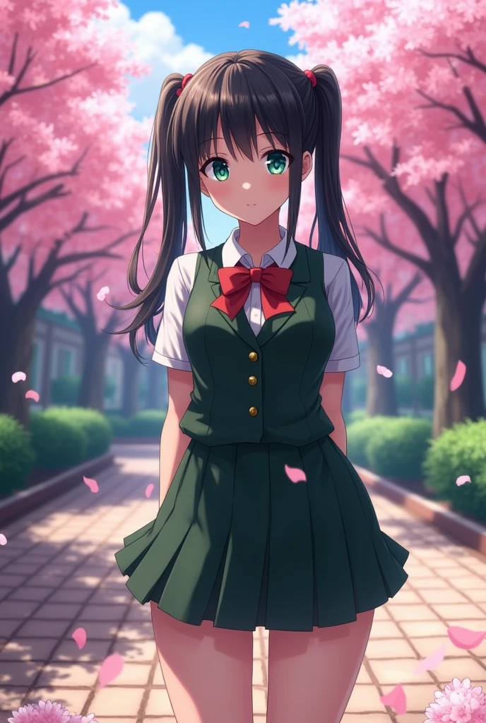 A big-breasted high school girl in a school uniform with black hair in twin tails looks at me with disdain.
