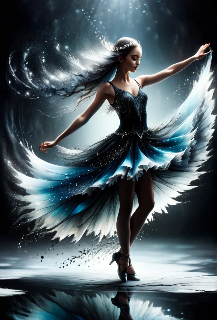 Fairy dancer, illuminated dress,completely black scenery and water mirror floor,FantasyStyle 