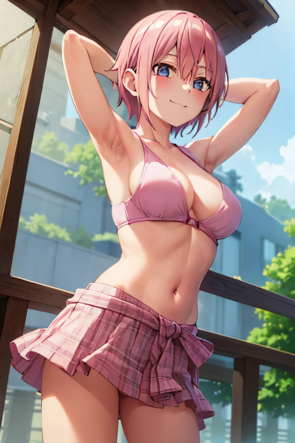 2d, masterpiece, best quality, anime, highly detailed, 1girl, solo, cowboy shot, nakano ichika, pink hair, short hair, cardigan around waist,pink lingerie,medium breasts, standing, outdoors, smile,(show me your armpit hair:1.4)