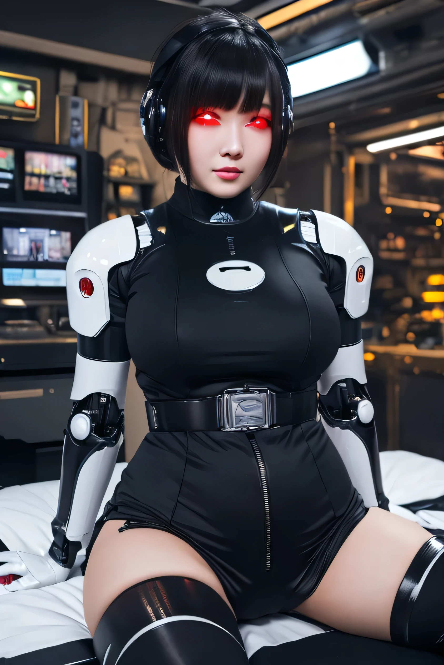 masterpiece, best quality, extremely detailed,portrait, Japanese android girl,Plump,a bit chubby,control panels,robot arms,robot,android,cyborg,white robot body,blunt bangs,robot repair plant,black knee high socks,rolling eyes,(Glowing Eyes Meme:1.2)