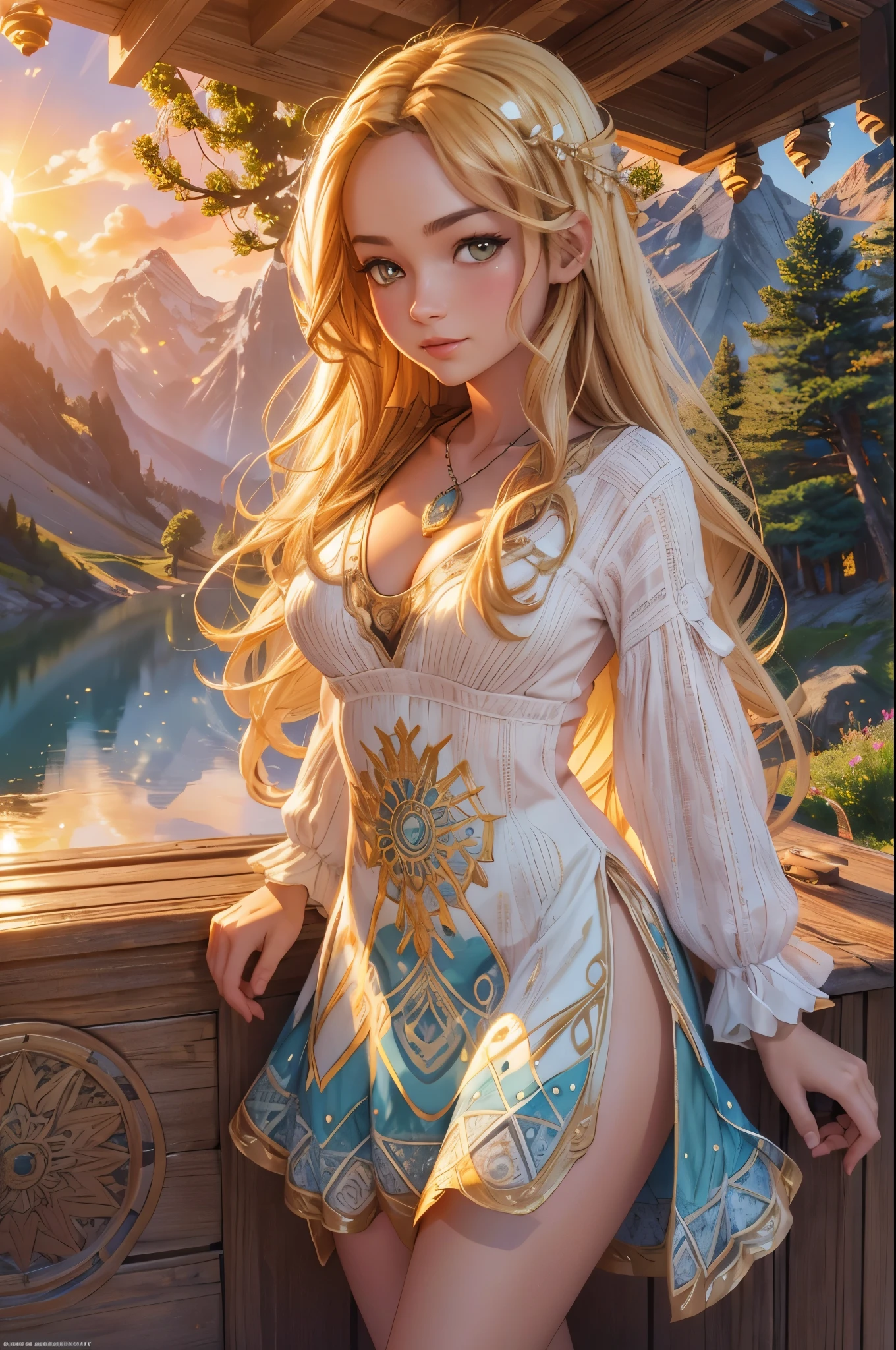 1 girl, happy expression, charming eyes, straight long hair, flowing skirt, big, looking at the sun, calm posture, porcelain-like skin, subtle blush, crystal pendant, Golden Hour, (edge lighting): 1.2, cool colors, sun flare, soft shadows, bright colors, painting effects, fantastic atmosphere, Scenic lakes, distant mountains, pine trees, mountain tops, reflections, sunlit clouds, tranquil atmosphere, idyllic sunrise, Ultra detailed, official art, unified 8k wallpapers, zentangle, mandala, prinzzess 